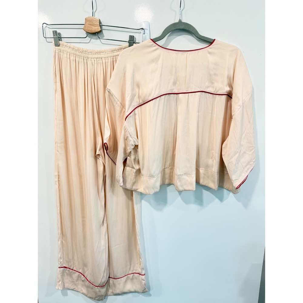 Free People Intimately Satin Pajama Set Sugar Pink Red Piping XS NEW - Picture 9 of 14